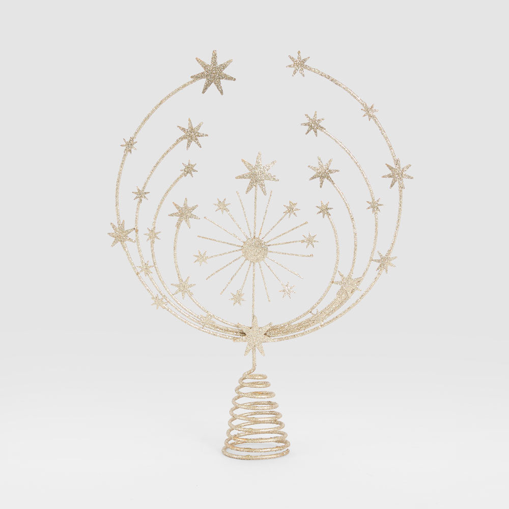 Gold-toned wire tree topper with curved star-covered branches, central starburst and spiral base