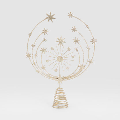 Gold-toned wire tree topper with curved star-covered branches, central starburst and spiral base