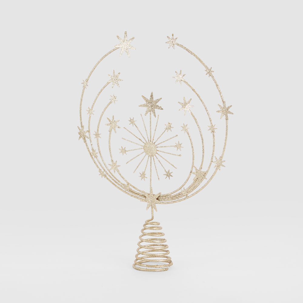 Angled view of the wire tree topper showing its circular arrangement of stars and spiral mounting base