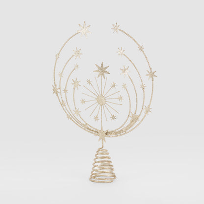 Angled view of the wire tree topper showing its circular arrangement of stars and spiral mounting base