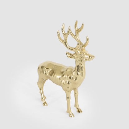 Small gold aluminium deer decoration standing with branching antlers and a reflective gold finish