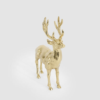 Small gold aluminium deer decoration front angled view showing the standing pose and antlers