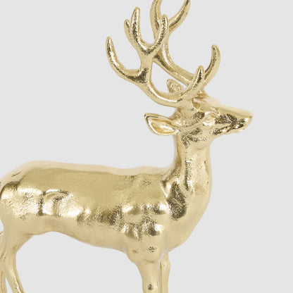 Small gold aluminium deer decoration close-up showing the head, antlers and textured gold finish
