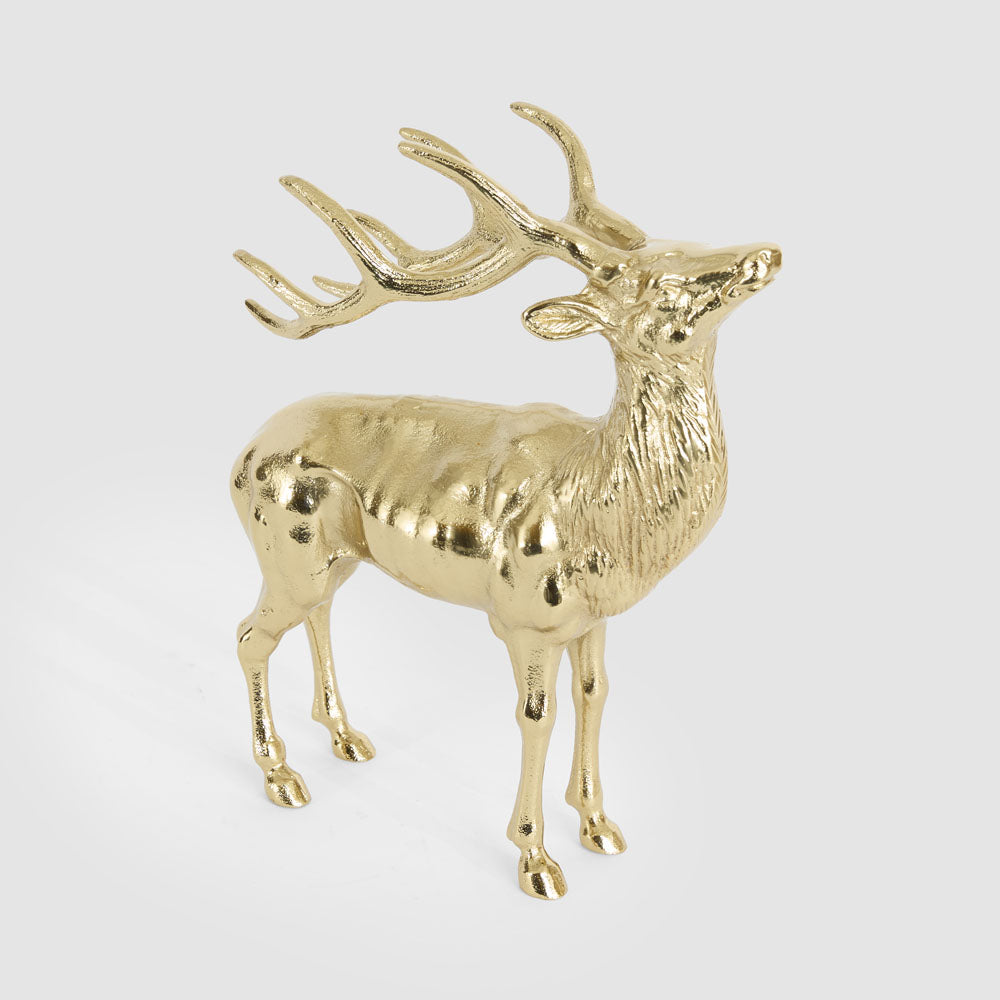 Large gold aluminium deer decoration standing with branching antlers and a reflective gold finish