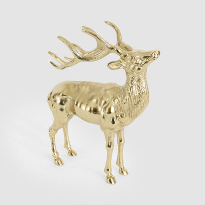 Large gold aluminium deer decoration standing with branching antlers and a reflective gold finish