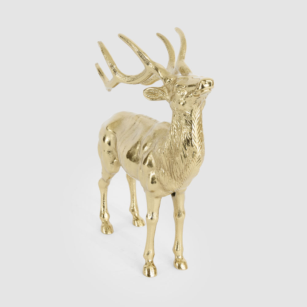 Large gold aluminium deer decoration front angled view showing the standing pose and antlers