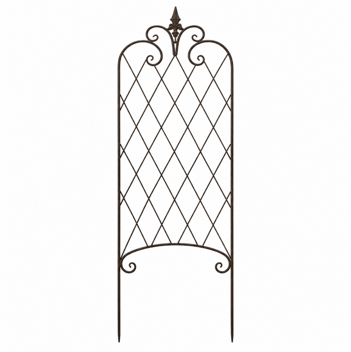 French Provincial metal garden trellis with diamond lattice, curled scrollwork and a pointed finial.