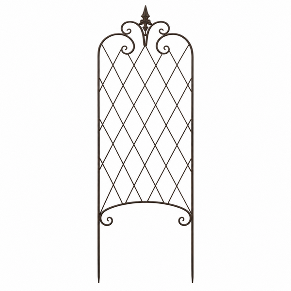French Provincial metal garden trellis with diamond lattice, curled scrollwork and a pointed finial.