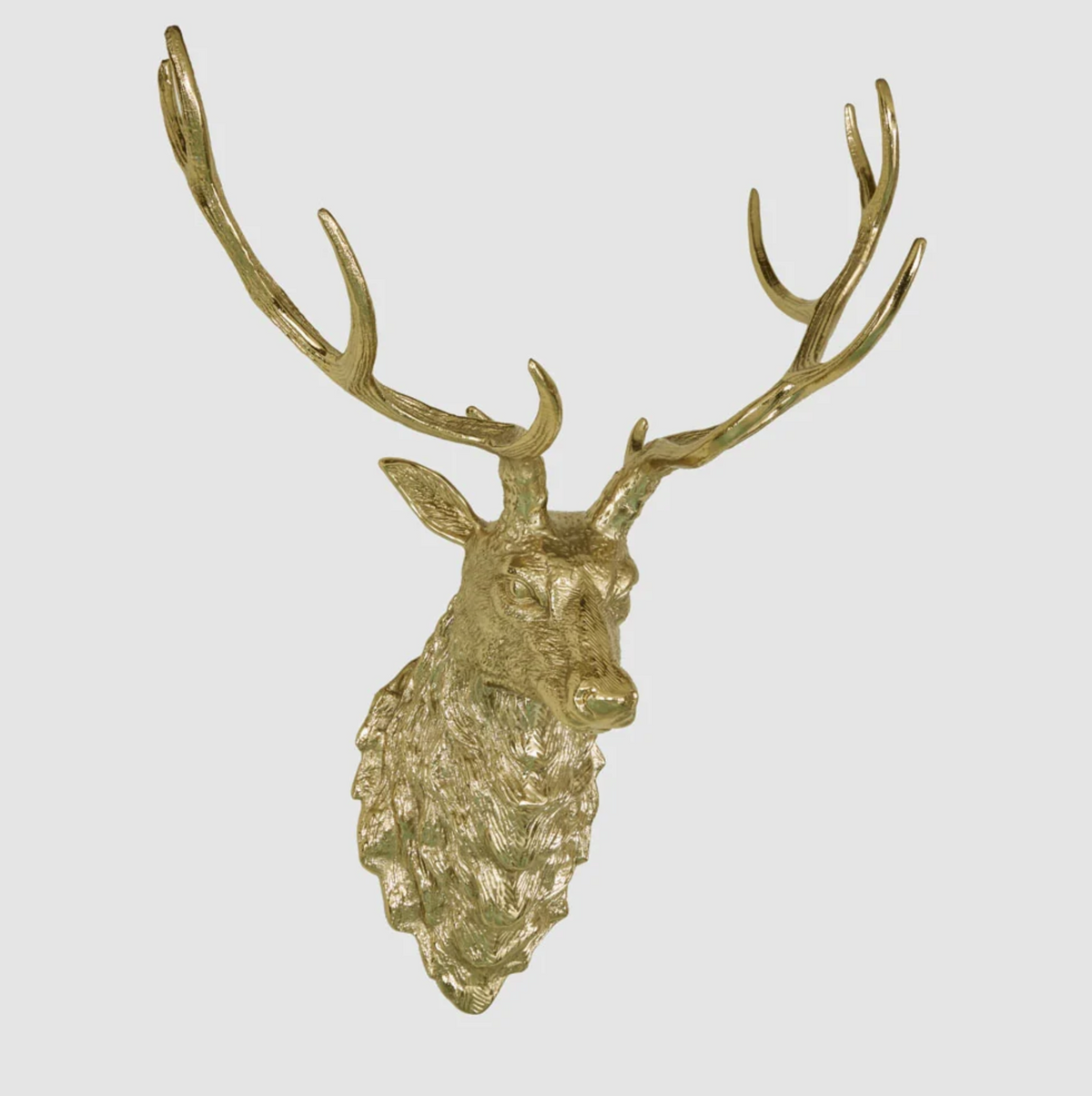 Front view of the gold-coloured aluminium deer head showing its wide branching antlers