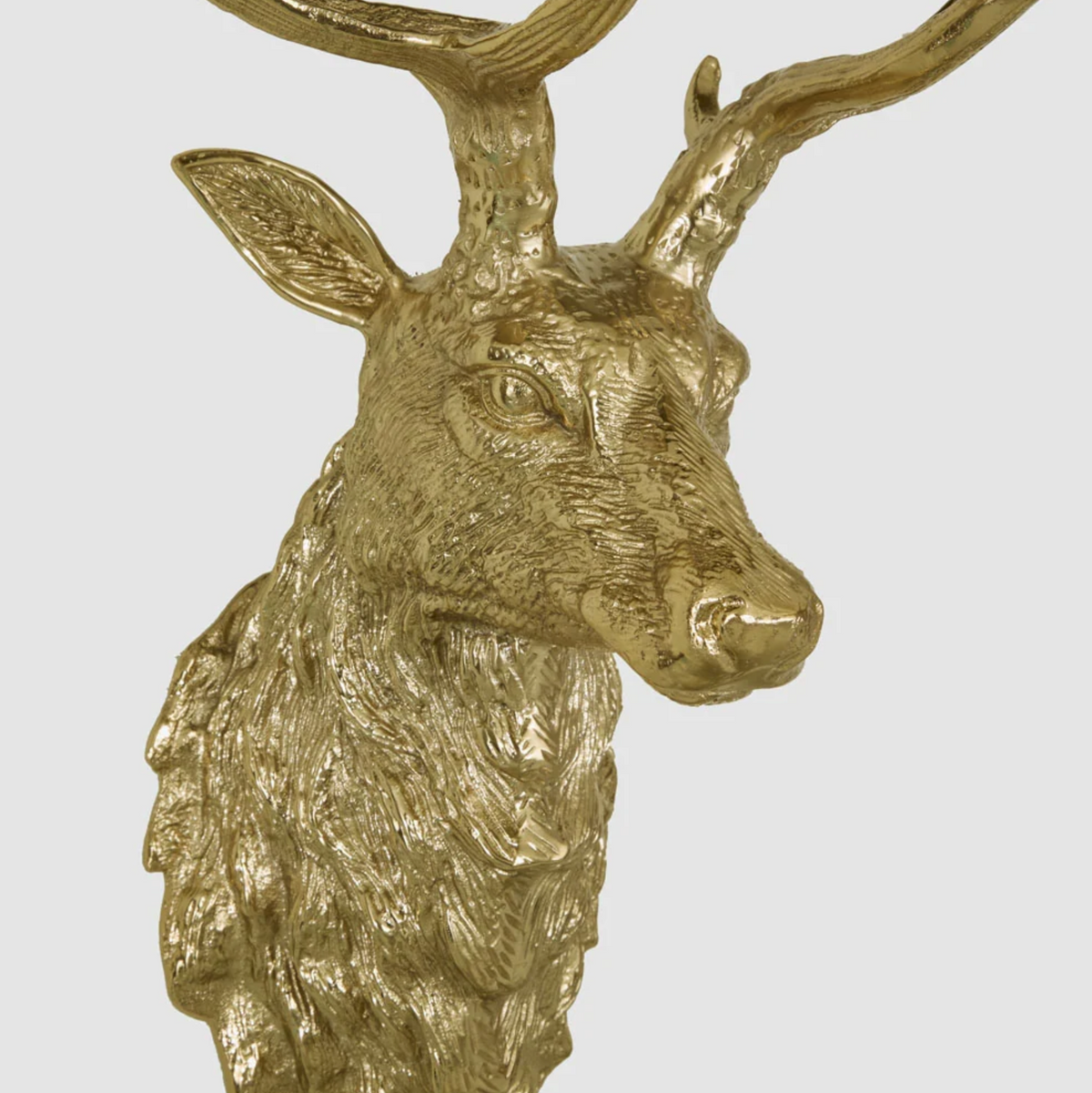 Gold-coloured deer head styled within a separate holly and red berry wreath against a dark blue wall
