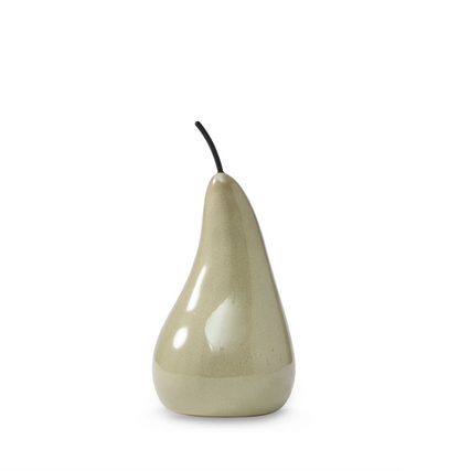 Medium green ceramic pear sculpture with a glossy finish and dark curved stem