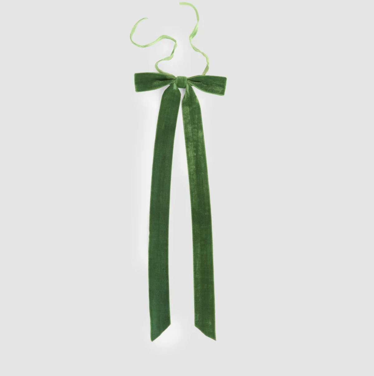 Green velvet tie-on bow with long angled ribbon tails and narrow tying ribbons