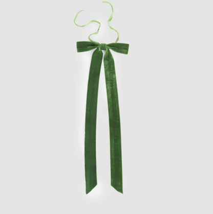 Green velvet tie-on bow with long angled ribbon tails and narrow tying ribbons