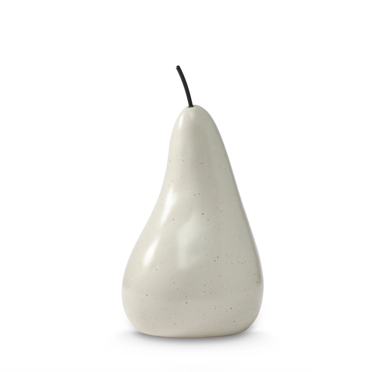 Large off white ceramic pear sculpture with a dark curved stem on a white background
