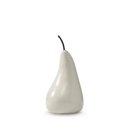 Medium off white ceramic pear sculpture with a dark curved stem on a white background