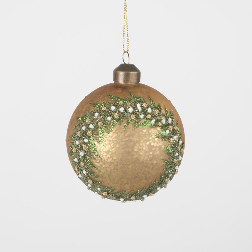 Gold glass bauble with green wreath motif, white berry details and gold hanging cord