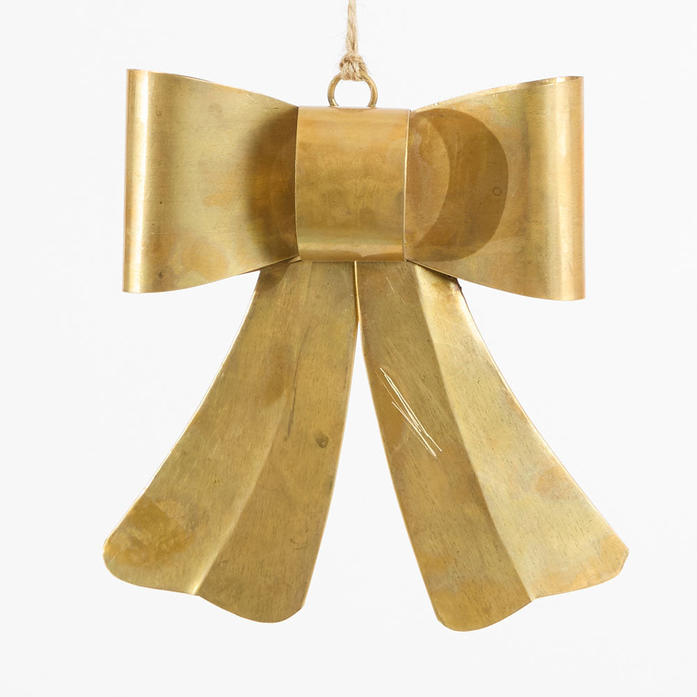 Gold metal bow hanging decoration with curved loops, two ribbon tails and natural hanging cord