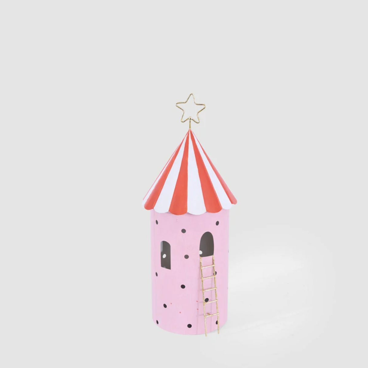 Pink metal LED tent decoration with a red and white striped roof, star finial and gold-coloured ladder