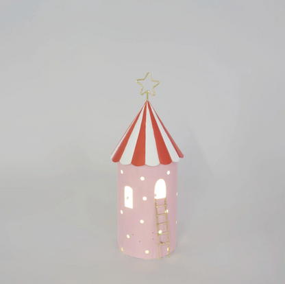 Illuminated pink LED tent beside a taller red tent, shown together for styling