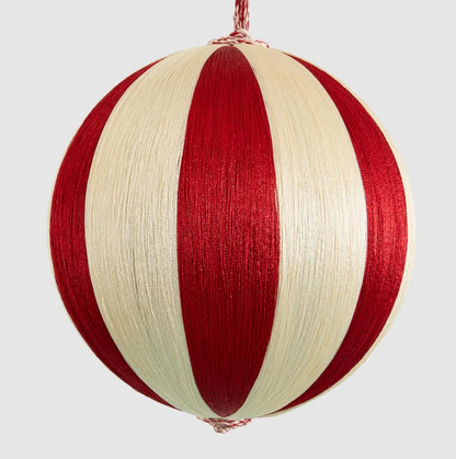 Large red and ivory striped bauble with twisted hanging cord