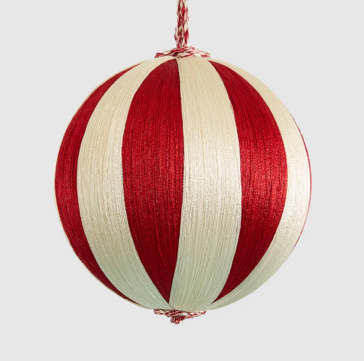 Medium red and ivory striped bauble with twisted hanging cord