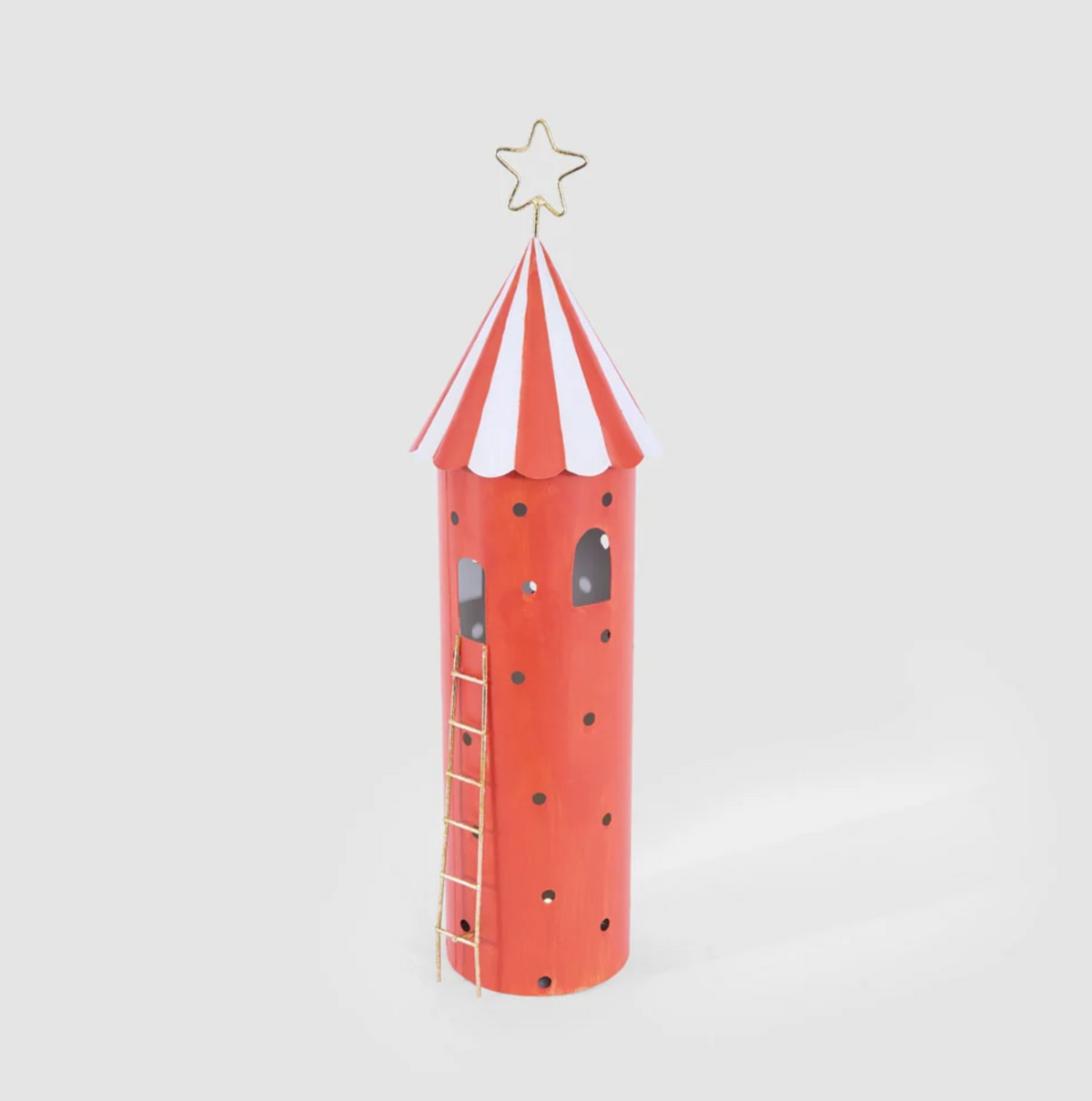 Red metal LED carnival tent with a red and white striped roof, star finial and gold-coloured ladder
