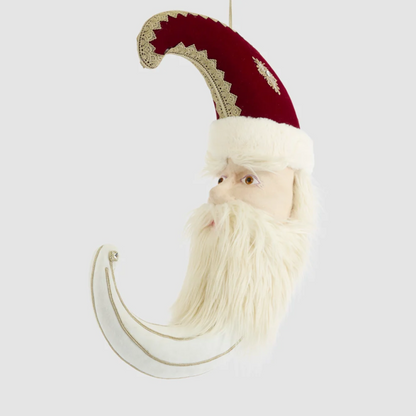 Santa crescent moon hanging decoration with a cream beard and curled red hat edged in decorative trim