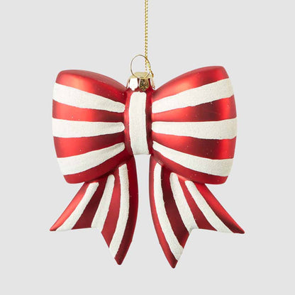 Red and white striped glass bow hanging decoration with notched tails and a gold-coloured hanging cord