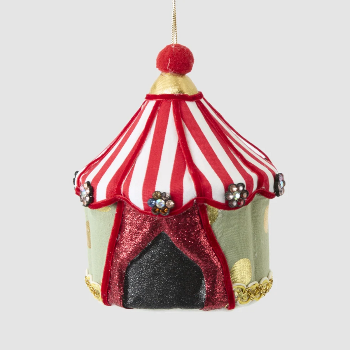 Tent hanging decoration with red and white striped roof, pale green sides and glittered red entrance