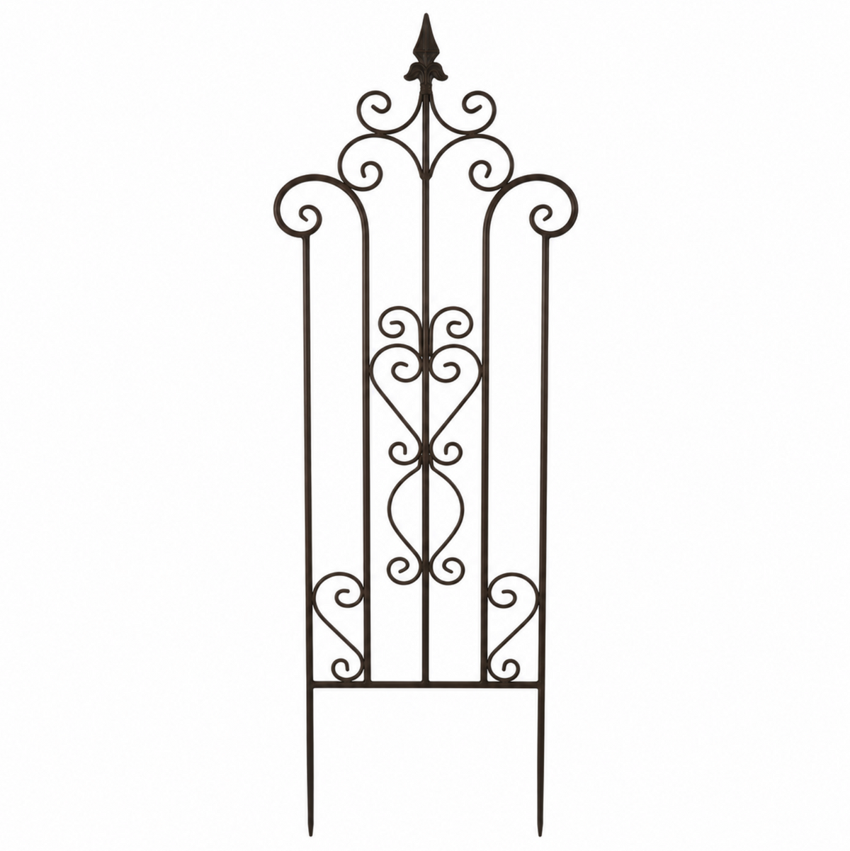 Vintage style metal trellis with open vertical bars, symmetrical curled scrollwork and a pointed finial.
