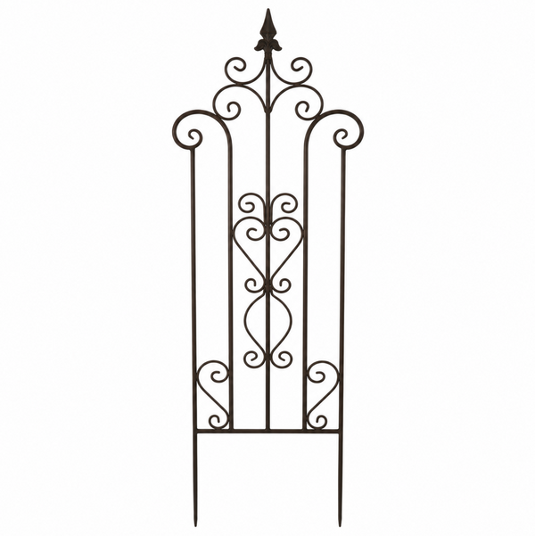 Vintage style metal trellis with open vertical bars, symmetrical curled scrollwork and a pointed finial.